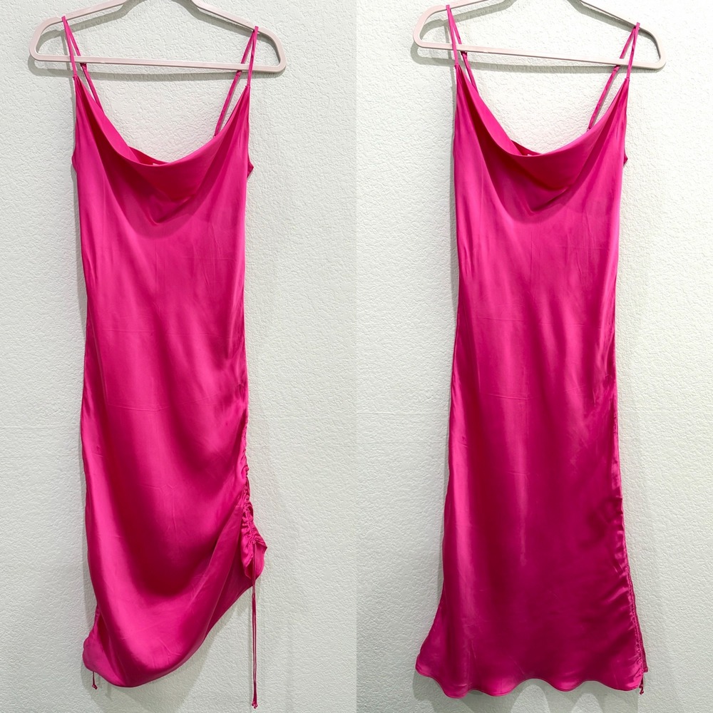 Wilfred Aritzia Satin Midi Dress Pink Medium Cowl Neck Ruched Barbiecore Flowy